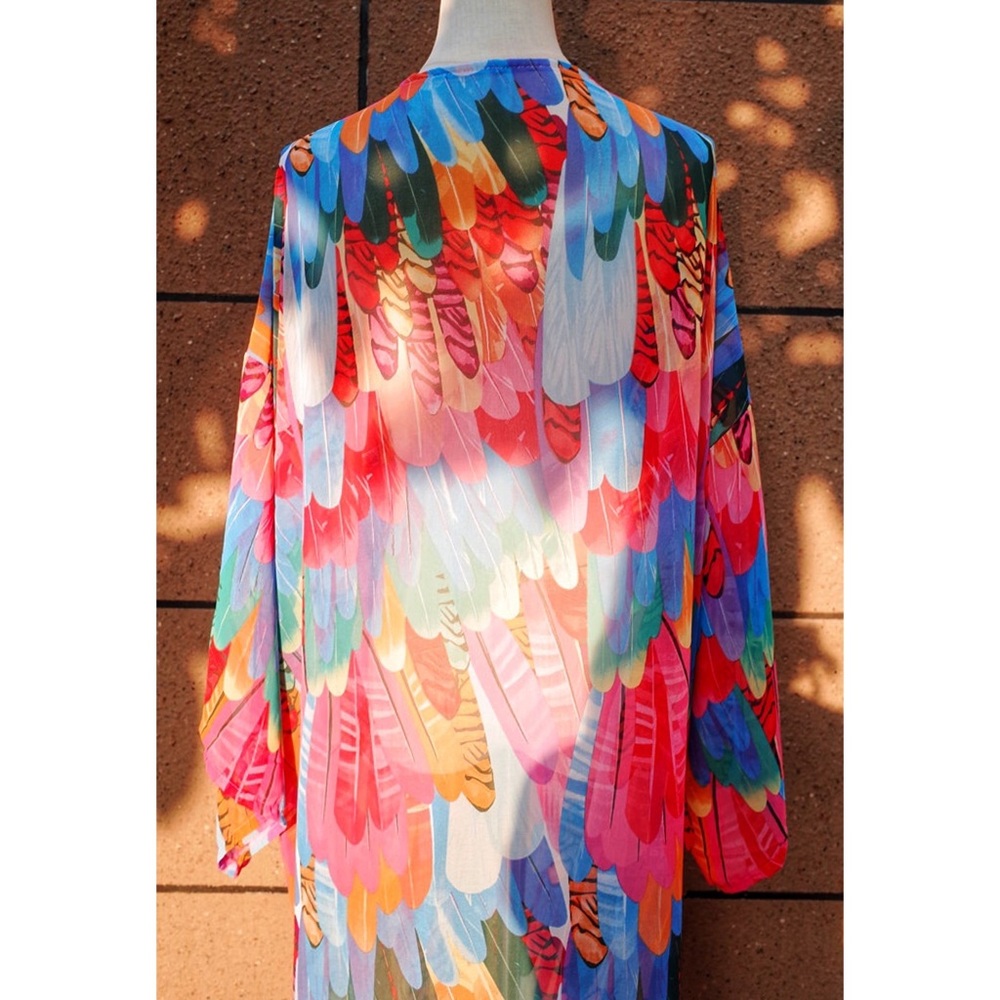 Bohemian Rainbow Feathers Kimono Beach Coverup - Picture 8 of 12